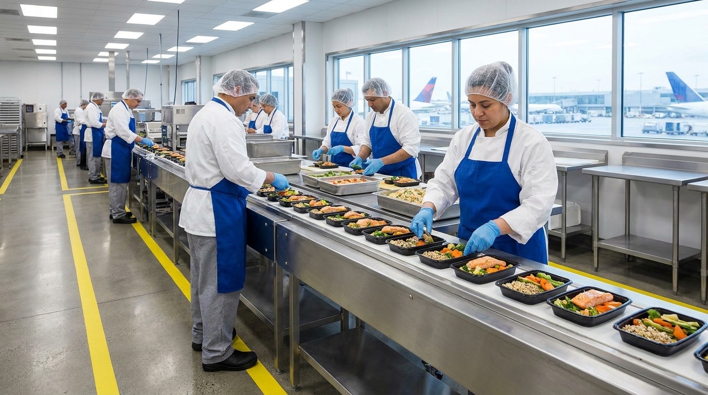 The Borenstein flight kitchen: a packing line of fresh meals, aircraft visible through the windows