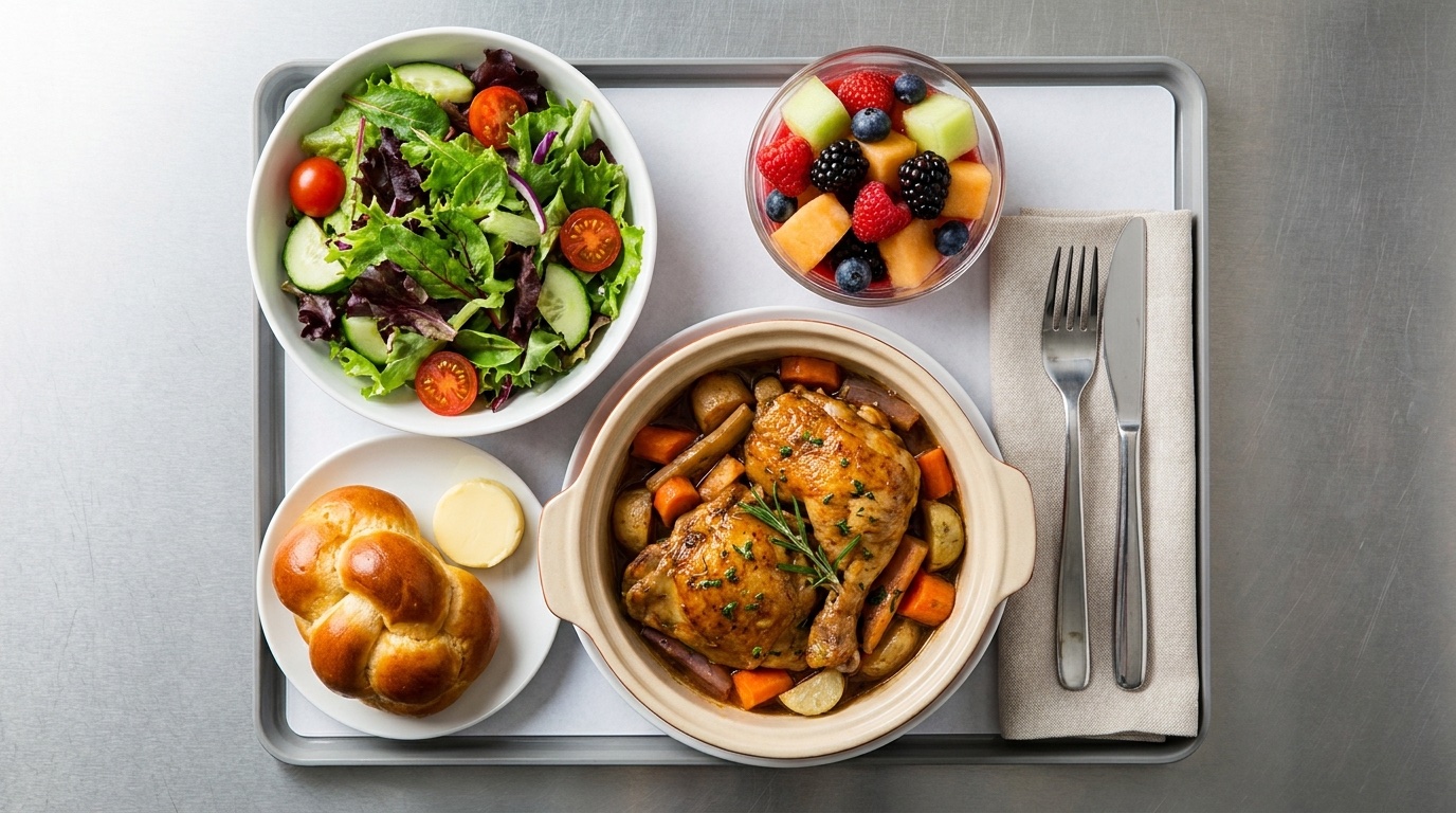 Overhead view of a fresh in-flight meal tray: braised chicken, salad, fruit, challah roll